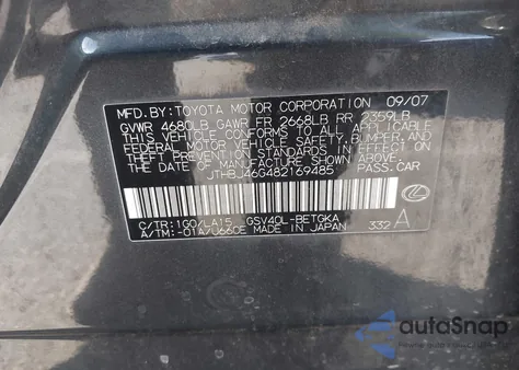 2008 Lexus Es 350 z USA, uszkodzony, nr VIN JTHBJ46G482169485